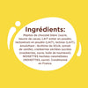 Liste des ingrédients d'un produit au chocolat blanc, comprenant beurre de cacao, lait en poudre, lactose, extrait de vanille, cranberries, huile de tournesol et noisettes.