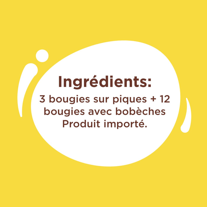 L'image énumère les ingrédients comme étant 3 bougies sur piques + 12 bougies avec bobèches, et précise que le produit est importé.