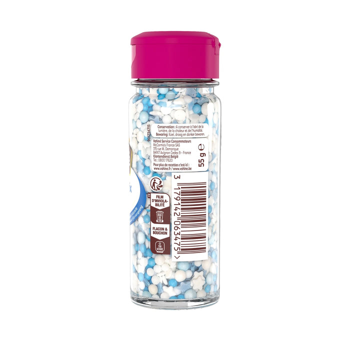 Une bouteille de vermicelles Dr. Oetker avec un couvercle rose et une ACtiquette avec des informations nutritionnelles et un code-barres.