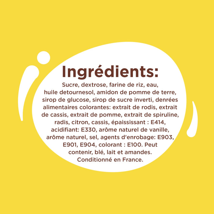L'image présente une liste d'ingrédients pour un produit alimentaire, incluant du sucre, de la farine de riz, de l'huile de tournesol, de l'amidon de pomme, du sirop de glucose, du beurre de karité, des colorants alimentaires, de l'extrait de maïs, de l'extrait de cacao, de l'extrait de pomme, de l'extrait de spiruline, de l'arôme de vanille et divers additifs, avec une note indiquant qu'il peut contenir du lait, du lactose et des amandes.