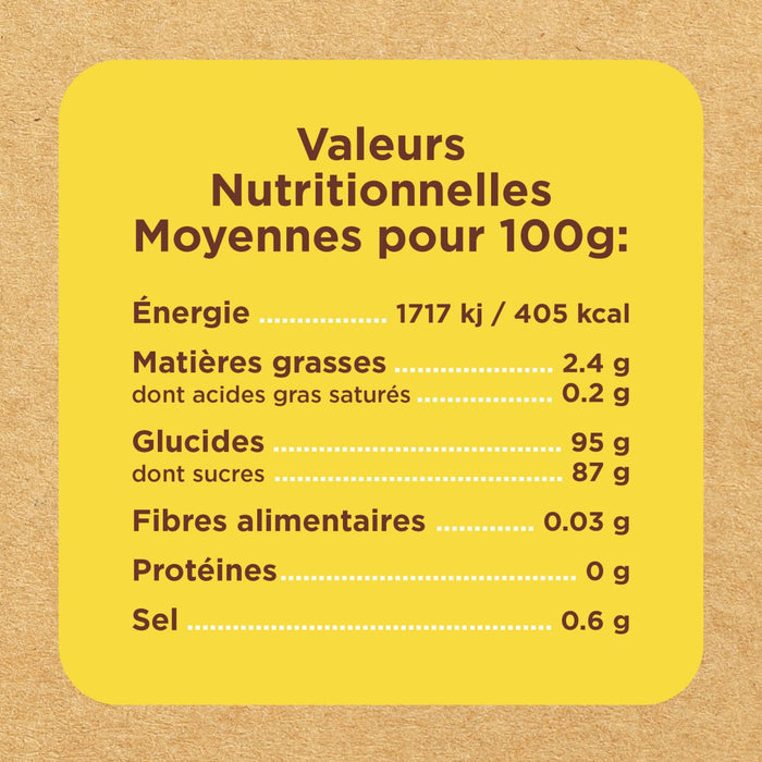 Étiquette d'information nutritionnelle indiquant les valeurs nutritionnelles moyennes pour 100g, incluant l'énergie, les matières grasses, les glucides, les fibres, les protéines et le sel.