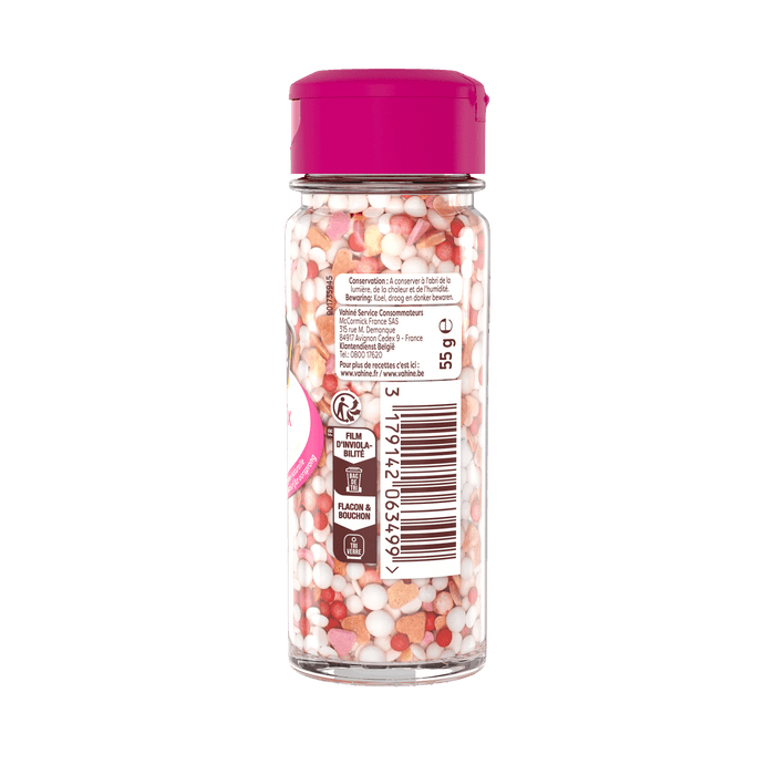 Une bouteille de vermicelles Dr. Oetker avec un couvercle rose et une ACtiquette avec des informations nutritionnelles et un code-barres.