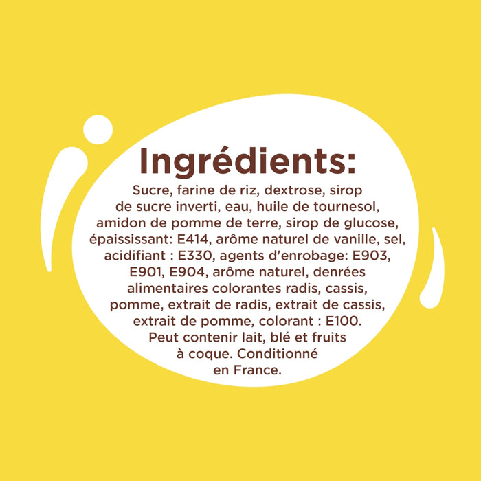 L'image affiche la liste des ingrédients d'un produit alimentaire, détaillant des composants tels que le sucre, la farine de blé, l'huile de tournesol et divers additifs.