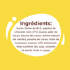 L'image présente une liste d'ingrédients en français, incluant du sucre, de la farine de blé, des pépites de chocolat noir, de la pâte de cacao, du beurre de cacao, un arôme naturel de vanille, de la poudre de cacao et de l'huile de tournesol, avec une note indiquant que le produit peut contenir du lait, du soja, des noisettes et d'autres fruits à coque.