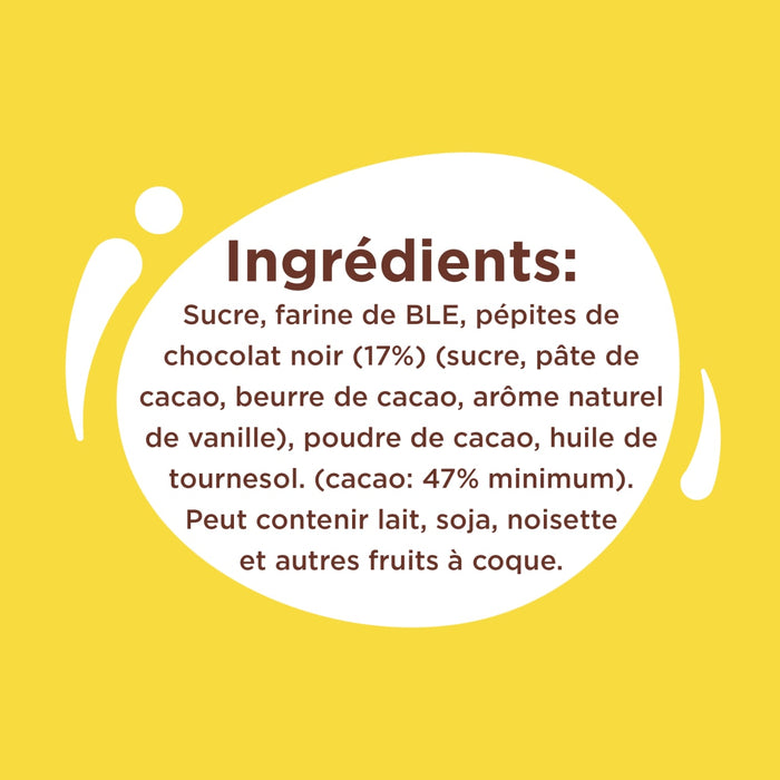 L'image présente une liste d'ingrédients en français, incluant du sucre, de la farine de blé, des pépites de chocolat noir, de la pâte de cacao, du beurre de cacao, un arôme naturel de vanille, de la poudre de cacao et de l'huile de tournesol, avec une note indiquant que le produit peut contenir du lait, du soja, des noisettes et d'autres fruits à coque.