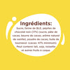 L'image présente une liste d'ingrédients en français, incluant du sucre, de la farine de blé, des pépites de chocolat noir, de la pâte de cacao, du beurre de cacao, un arôme naturel de vanille, de la poudre de cacao et de l'huile de tournesol, avec une note indiquant que le produit peut contenir du lait, du soja, des noisettes et d'autres fruits à coque.