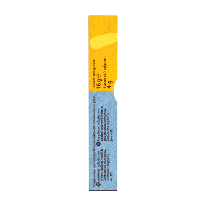 Vue latACrale d'une boARte contenant une portion de 4g d'un produit, avec un schACma de couleurs jaune et bleu.
