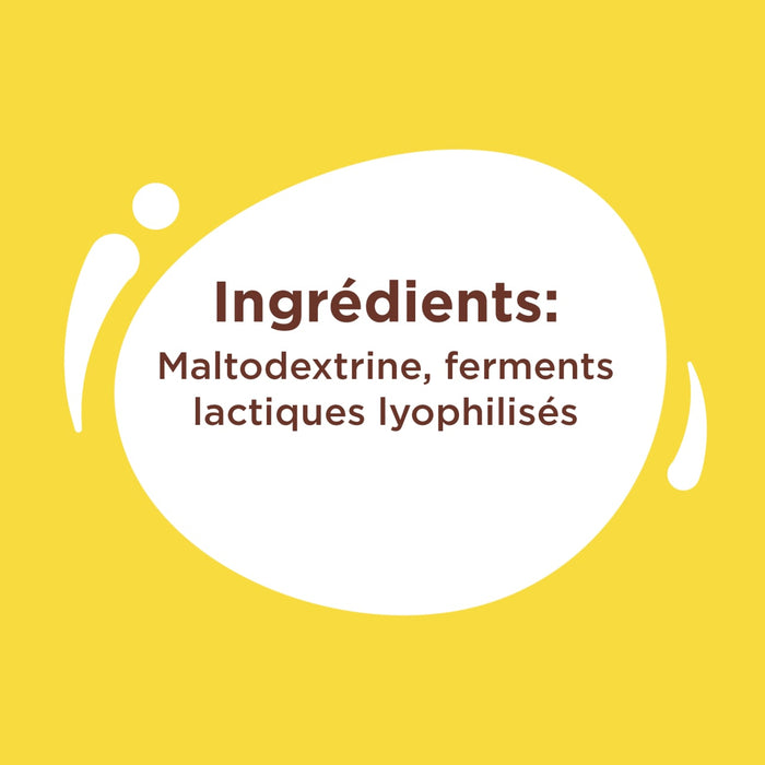 L'image affiche la liste des ingrédients, qui comprend de la maltodextrine et des ferments lactiques lyophilisés.