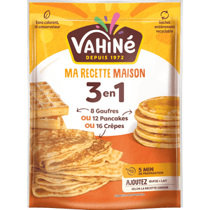 Un paquet de Vahiné Ma Réussite Maison 3-en-1 pour crêpes, gaufres et pancakes.