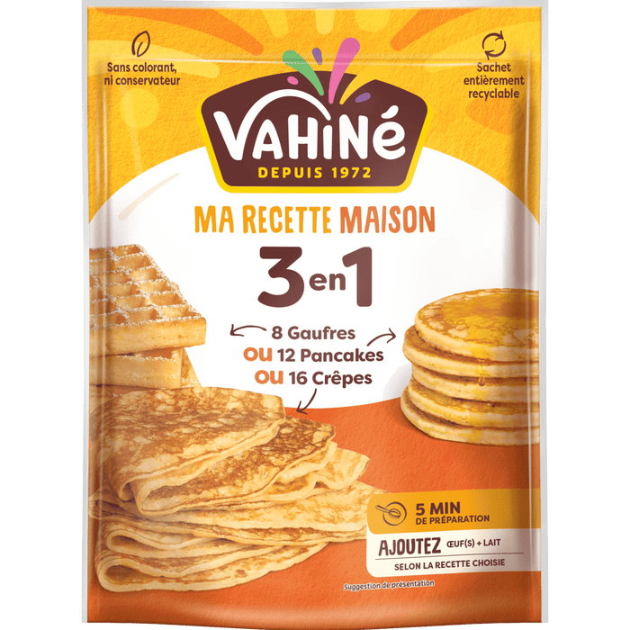 Un paquet de Vahiné Ma Réussite Maison 3-en-1 pour crêpes, gaufres et pancakes.