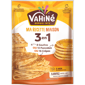 Un paquet de Vahiné Ma Réussite Maison 3-en-1 pour crêpes, gaufres et pancakes.