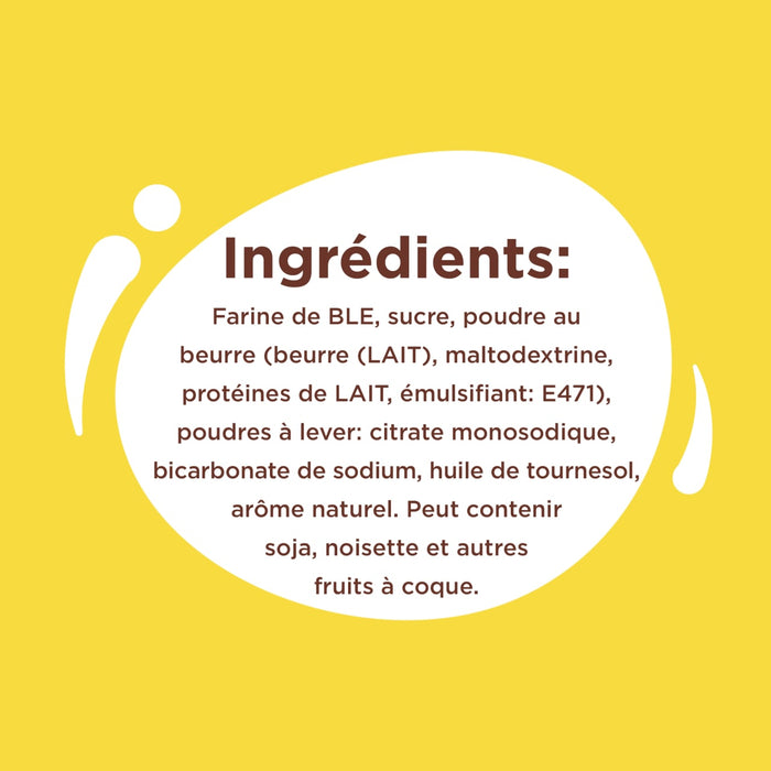 L'image énumère les ingrédients d'un produit alimentaire, notamment la farine de blé, le sucre, le beurre, la maltodextrine et d'autres composants, et note les allergènes potentiels comme le soja et les fruits à coque.