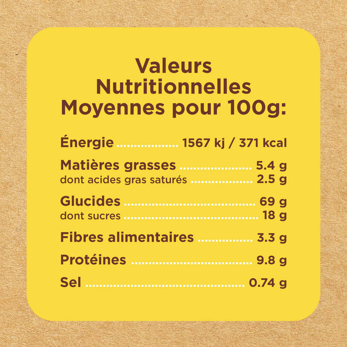 Étiquette d'information nutritionnelle indiquant les valeurs moyennes pour 100g.