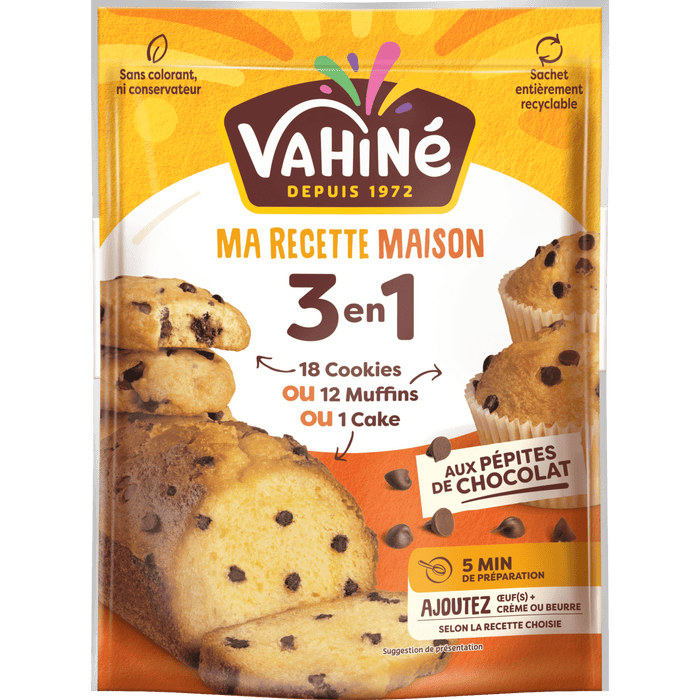 Vahiné Ma Pâtisserie Maison préparation 3 en 1 pour cookies, muffins ou cake aux pépites de chocolat.