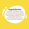 Liste des ingrédients d'un produit alimentaire, détaillant la farine, le sucre, les pépites de chocolat, les œufs, le beurre de cacao, l'arôme de vanille, la poudre à pâte, l'huile de tournesol et les allergènes potentiels comme le lait, le soja, les noix et autres fruits à coque.