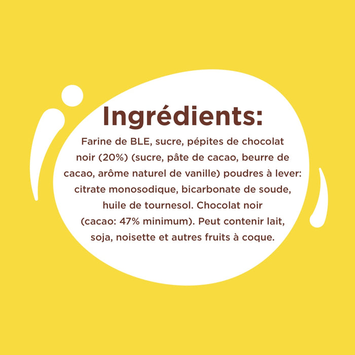 Liste des ingrédients d'un produit alimentaire, détaillant la farine, le sucre, les pépites de chocolat, les œufs, le beurre de cacao, l'arôme de vanille, la poudre à pâte, l'huile de tournesol et les allergènes potentiels comme le lait, le soja, les noix et autres fruits à coque.