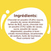 Une illustration montrant la liste des ingrédients d'un produit au chocolat Vahine, comprenant du chocolat en poudre, de la farine de blé et du sucre, sur un fond jaune.