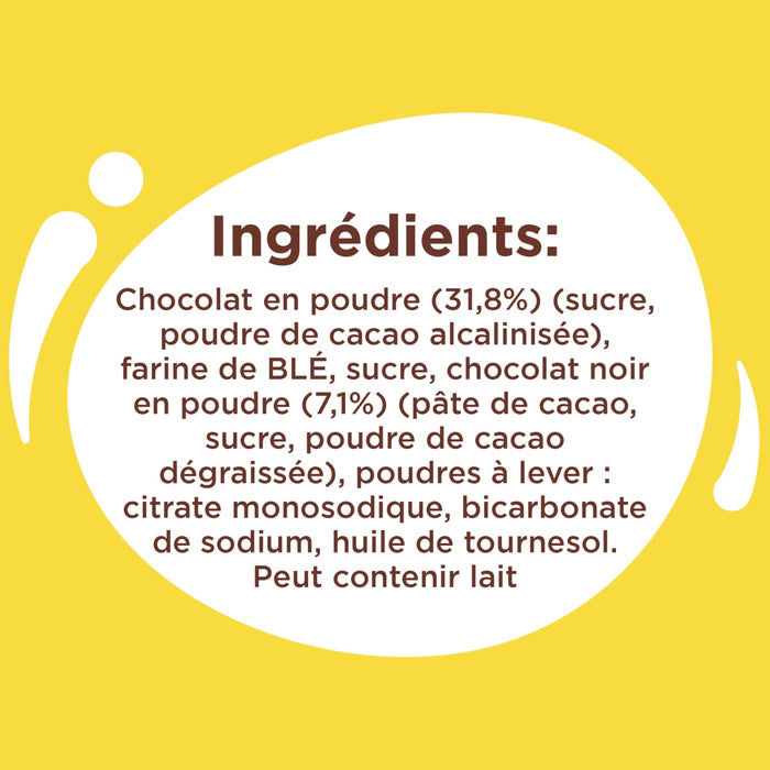 Une illustration montrant la liste des ingrédients d'un produit au chocolat Vahine, comprenant du chocolat en poudre, de la farine de blé et du sucre, sur un fond jaune.