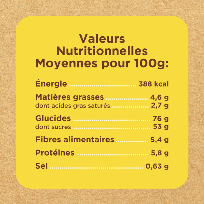 Un gros plan de l'étiquette des valeurs nutritionnelles en français pour un produit Vahine, indiquant les valeurs moyennes pour 100 g sur un fond jaune et marron.