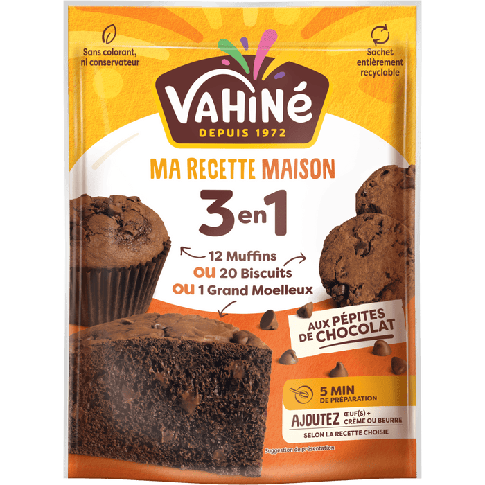 Un paquet de préparation Vahiné Ma Pâtisserie Maison 3-en-1 pour faire des muffins, des biscuits ou des brownies.