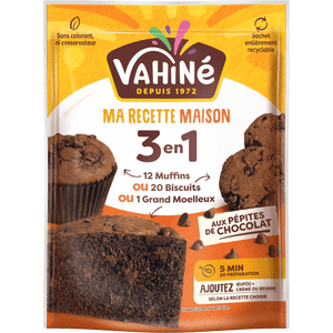 Un paquet de préparation Vahiné Ma Pâtisserie Maison 3-en-1 pour faire des muffins, des biscuits ou des brownies.
