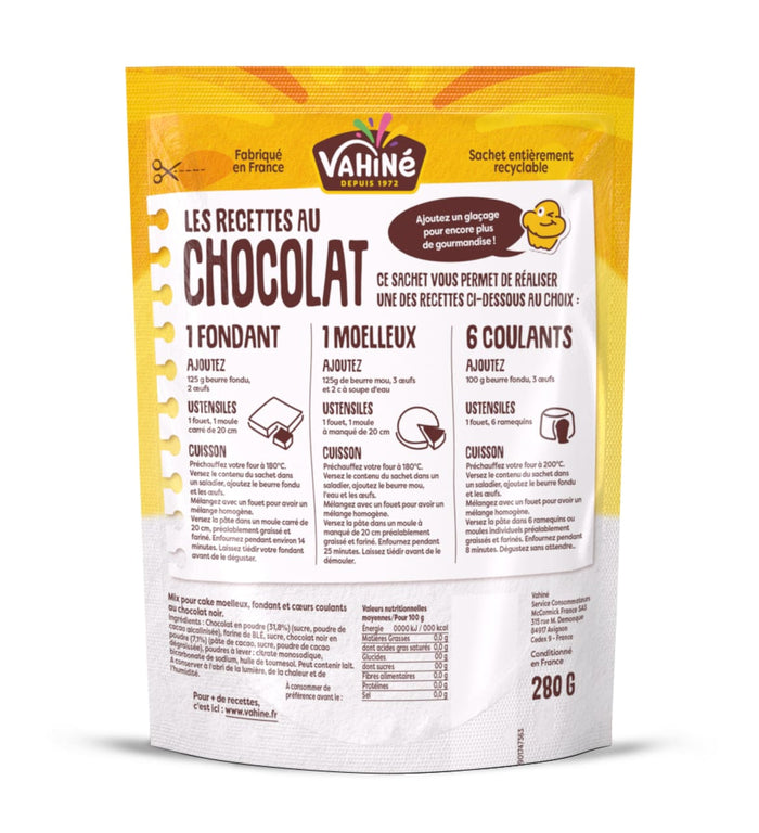 Un sachet jaune et marron Vahiné pour Vahine Sch Moelleux Mix 3En1 X8-Va, un mélange de recettes au chocolat offrant trois options : fondant, moelleux et coulants, avec les instructions de préparation visibles.