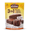 Un emballage produit jaune et marron Vahiné pour Vahine Sch Moelleux Mix 3En1 X8-Va, présentant trois variations de gâteaux au chocolat (moelleux, fondant et coulant) réalisés à partir du mélange, soulignant 5 minutes de préparation, 62% de cacao, sans émulsifiants ni conservateurs, et produisant 8 portions ou 6 coulants.