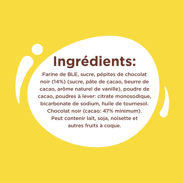 L'image affiche une liste d'ingrédients pour un produit alimentaire, notamment de la farine, du sucre, des pépites de chocolat, du beurre de cacao et d'autres composants.