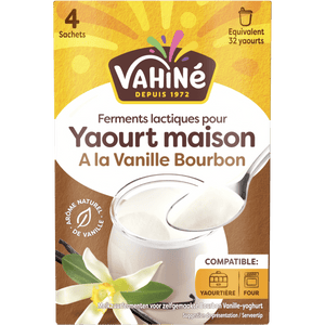 Un paquet de ferment biologique Vahiné pour yaourt maison à la vanille Bourbon est présenté.