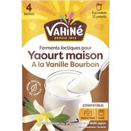 Un paquet de ferment biologique Vahiné pour yaourt maison à la vanille Bourbon est présenté.