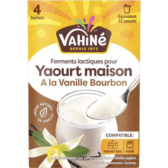 Un paquet de ferment biologique Vahiné pour yaourt maison à la vanille Bourbon est présenté.