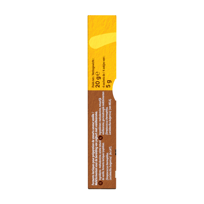 Vue latACrale d'un emballage de produit avec des sections marron et jaune, contenant probablement des informations sur le produit.