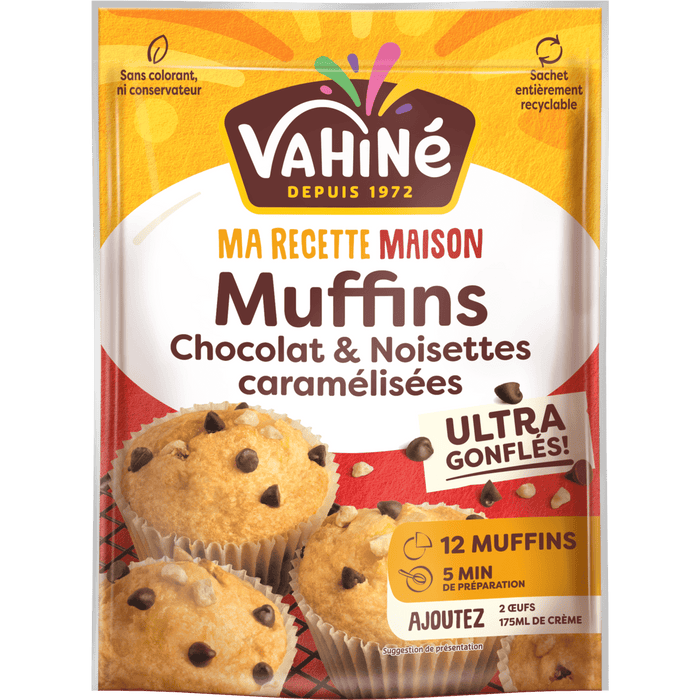 Un paquet de préparation pour muffins de la marque Vahiné, saveur chocolat et noisettes caramélisées, promettant un mélange ultra complet pour 12 muffins.