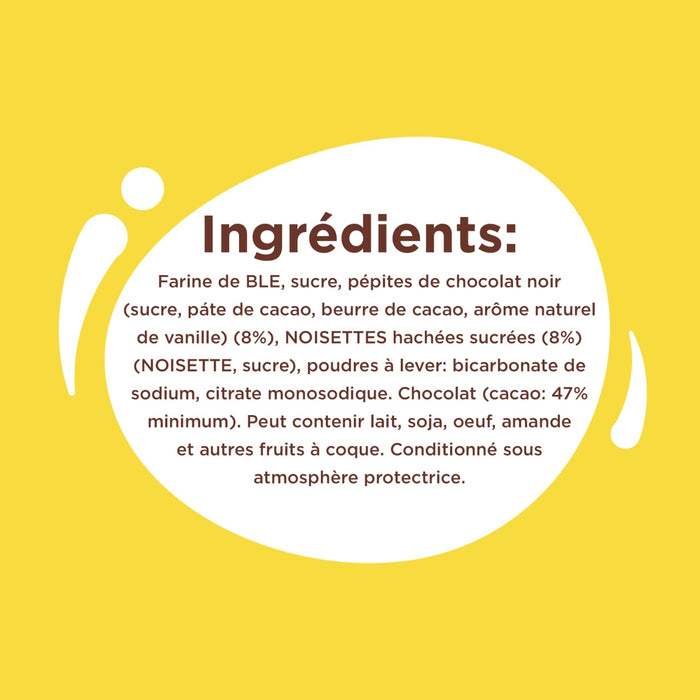 L'image affiche la liste des ingrédients d'un produit alimentaire, mettant en évidence des composants clés comme le cacao et les noisettes.