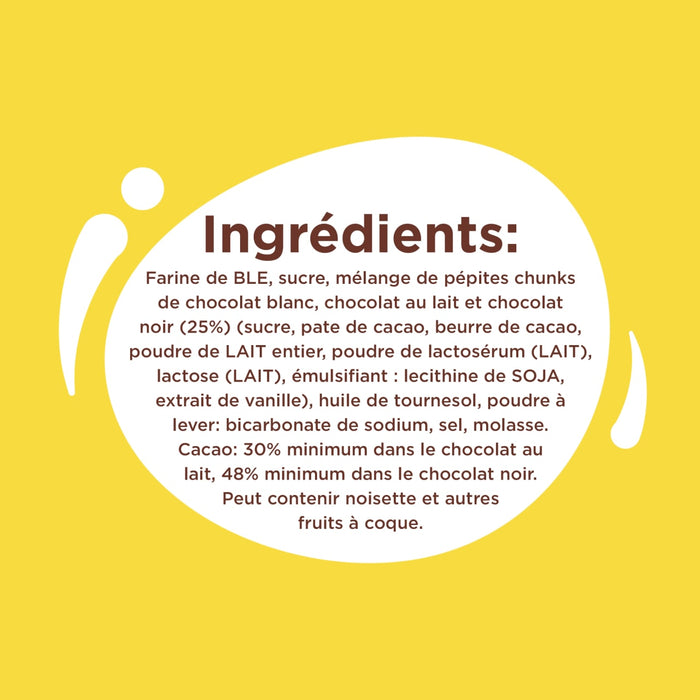 Liste des ingrédients d'un produit alimentaire, détaillant les composants tels que la farine, le sucre, le chocolat et diverses huiles et extraits.