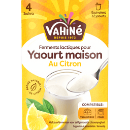 Un paquet de Ferments lactiques pour Yaourt maison Au Citron de Vahiné est présenté, suggérant un dessert de yaourt fait maison.