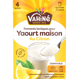 Un paquet de Ferments lactiques pour Yaourt maison Au Citron de Vahiné est présenté, suggérant un dessert de yaourt fait maison.