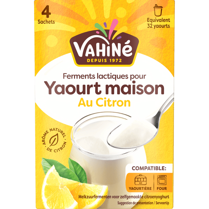 Un paquet de Ferments lactiques pour Yaourt maison Au Citron de Vahiné est présenté, suggérant un dessert de yaourt fait maison.