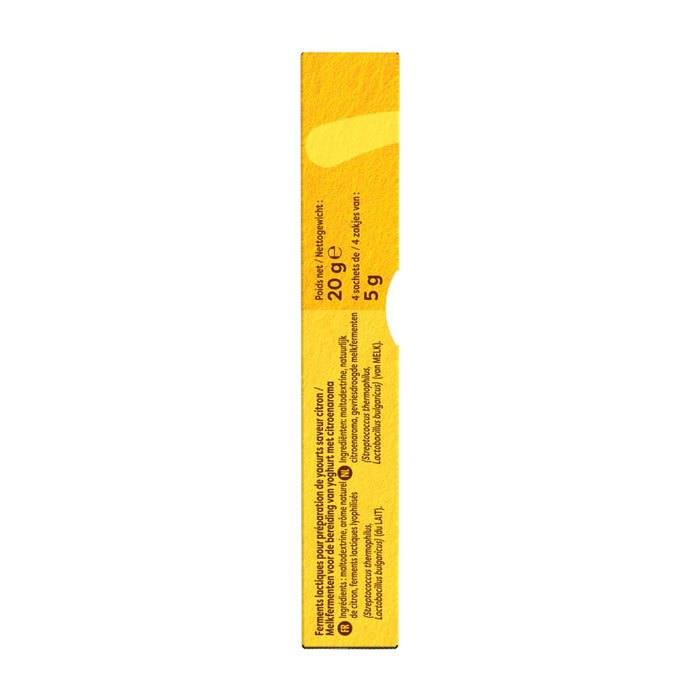 Vue latACrale d'une boARte de produit jaune avec des informations nutritionnelles et du texte.