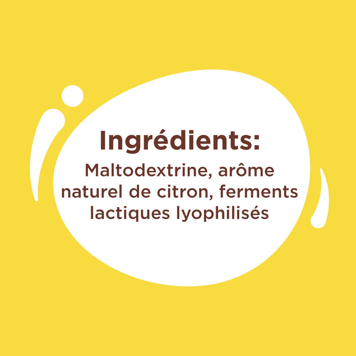L'image affiche la liste des ingrédients: maltodextrine, arôme naturel de citron et ferments lactiques lyophilisés.