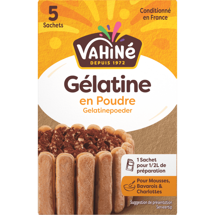 Vahiné Gélatine en Poudre, un produit de gélatine en poudre, est présenté sur un emballage avec une image de dessert.