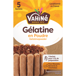 Vahiné Gélatine en Poudre, un produit de gélatine en poudre, est présenté sur un emballage avec une image de dessert.