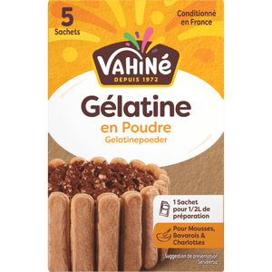 Vahiné Gélatine en Poudre, un produit de gélatine en poudre, est présenté sur un emballage avec une image de dessert.