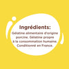 L'image montre la liste des ingrédients d'un produit contenant de la gélatine porcine, propre à la consommation humaine et conditionné en France.