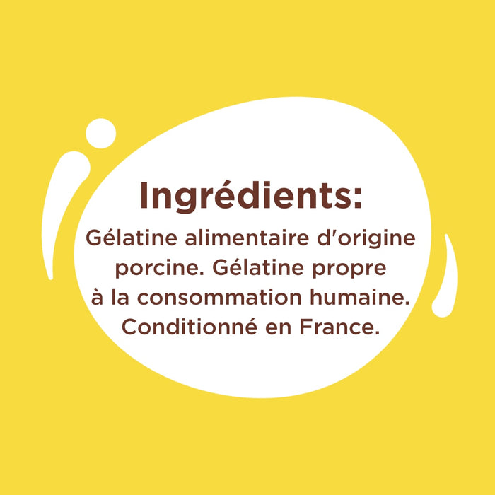L'image montre la liste des ingrédients d'un produit contenant de la gélatine porcine, propre à la consommation humaine et conditionné en France.