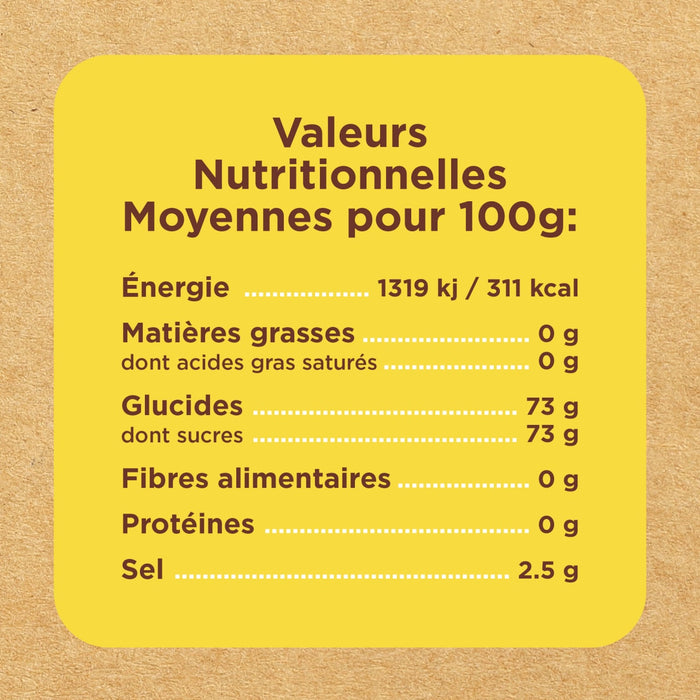 Étiquette d'information nutritionnelle indiquant les valeurs pour 100g, notamment l'énergie, les matières grasses, les glucides, les fibres, les protéines et le sel.