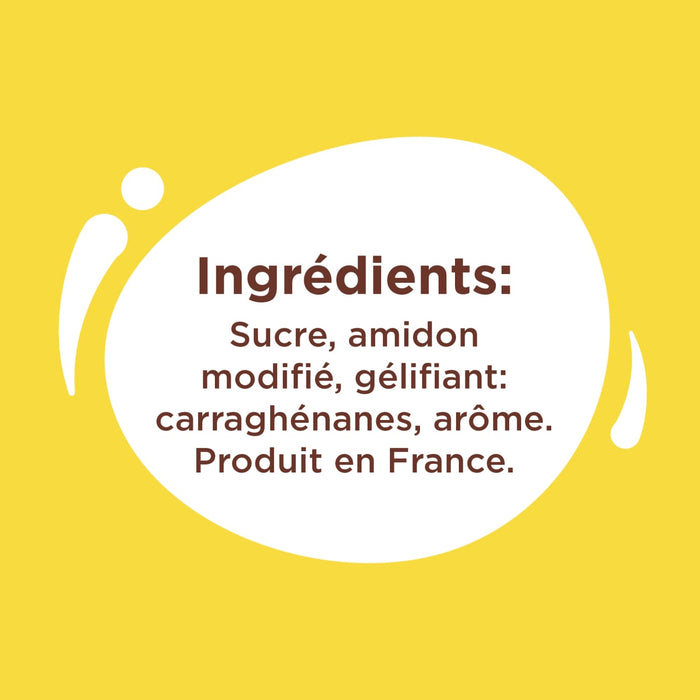 L'image montre la liste des ingrédients d'un produit fabriqué en France, notamment du sucre, de l'amidon modifié, des carraghénanes et de l'arôme.