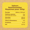 L'image montre un tableau des valeurs nutritionnelles moyennes pour 100g, incluant l'énergie, les matières grasses, les glucides, les fibres, les protéines et le sel.