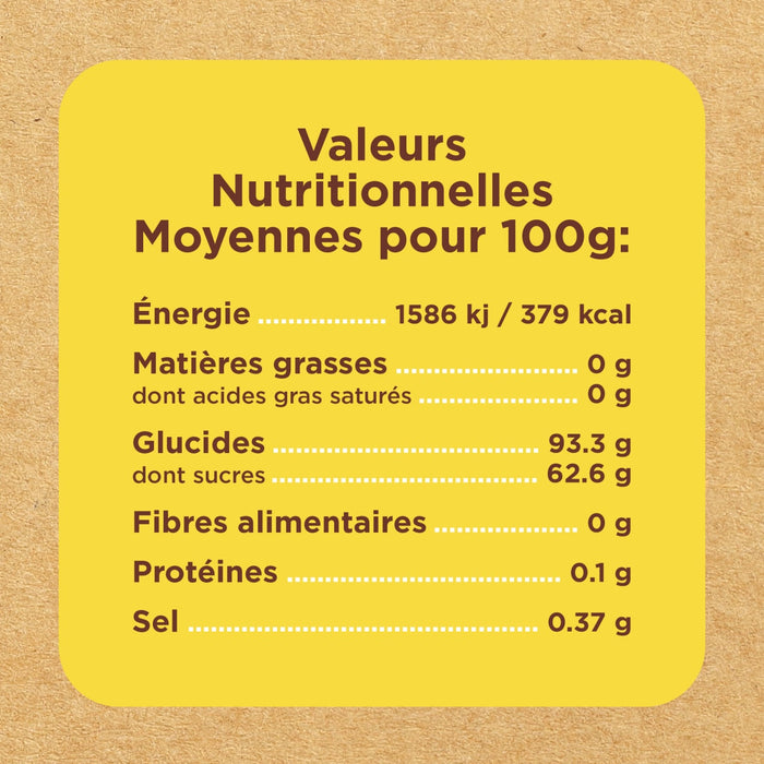 L'image montre un tableau des valeurs nutritionnelles moyennes pour 100g, incluant l'énergie, les matières grasses, les glucides, les fibres, les protéines et le sel.
