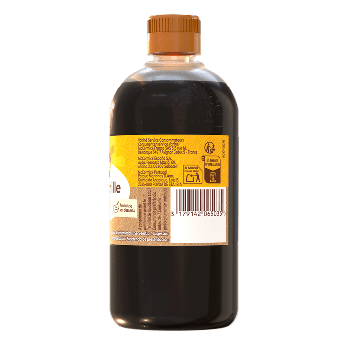 Une bouteille de liquide foncAC, probablement de la sauce soja, avec un bouchon marron et une ACtiquette comportant des informations nutritionnelles et un code-barres.